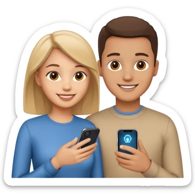 Generate a realistic emoji of a two people using a phone which shows artificial intelligence sticker