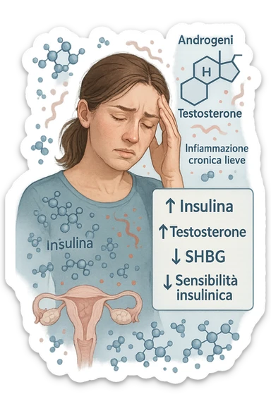 Donna tra i 25 e i 35 anni in primo piano, con espressione affaticata. Intorno al suo corpo appaiono in modo stilizzato e simbolico squilibri ormonali: molecole di insulina in eccesso fluttuano attorno, androgeni (testosterone) evidenziati sopra la testa, segnali visivi di infiammazione cronica lieve. Sopra le ovaie (visibili in trasparenza) compaiono piccole cisti multiple. Accanto a lei, un diagramma stilizzato mostra: '↑ Insulina', '↑ Testosterone', '↓ SHBG', '↓ Sensibilità insulinica'. L’atmosfera è scientifica, educativa ma empatica. Stile realistico con elementi infografici fluttuanti e colori freddi ma puliti. in italiano sticker
