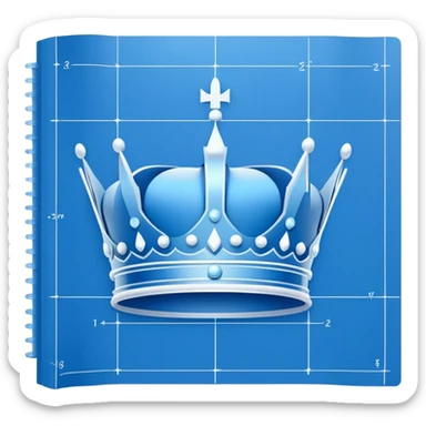 side view of a blue blueprint plan with minimal white lines and a simple crown drawing sticker