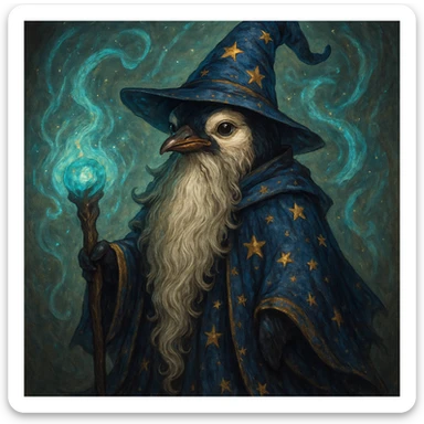 fantasy penguin wizard with a long beard, starry cloak, and magical aura, detailed illustration style sticker