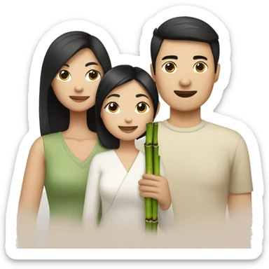 Asian with white skin and black hair: mom,dad,and daughter holding bamboo sticker