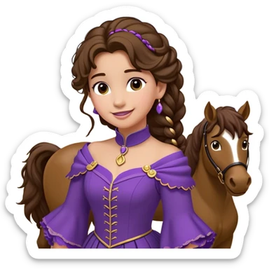 Jeune femme avec de longs cheveux bruns attachés en une haute queue-de-cheval bouclée, portant une robe violette moulante avec des broches dorées sur les bretelles, regard en coin et sourire malicieux, style animation Disney sticker