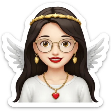Angel girl with eyeglasses and Middle parted hair long dark hair with red lipstick  and push gold necklaces and dark eyes with withe wings and smile with withe teeth sticker