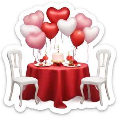 Red romantic party setting for two people and heart balloon  table with white cloth and candle with bows on the table and white Korean cake sticker