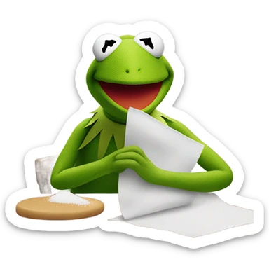 Kermit the frog holding rolled up paper with sugar on the table in front of him sticker