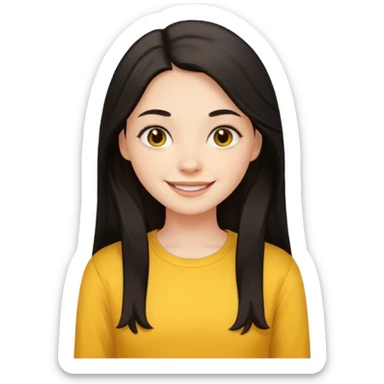 girl using her laptop, long dark hair with no part, white skin and yellow shirt long sleeves, smiling sticker