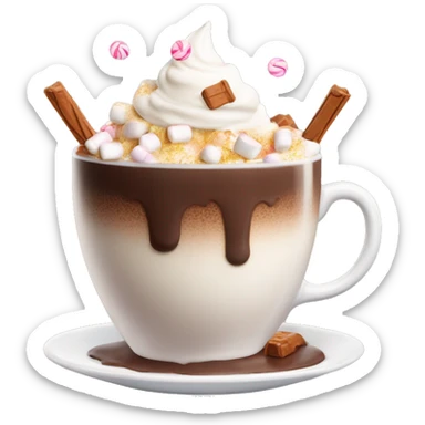 A cup of very hot hot chocolate with marshmallows, whipped cream and small candies on the top sticker