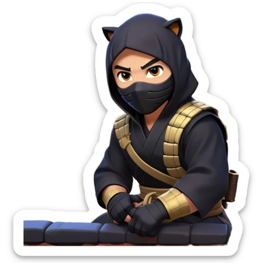 clash-of-clans-aesthetic_-cinematic-mysterious-male-ninja-portrait-emoji, rendered in a flat, vector-style with minimal shading and bold, simplified shapes, with a head slightly turned revealing intense, focused eyes, perched crouched next to an agile trained panther tiger with glossy fur moving silently through shadowed urban rooftops and moonlit alleyways. sticker