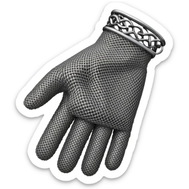 3D render of Butcher’s Glove, made of interlocking chainmail metal rings, wire mesh texture, visible holes and negative space, metallic silver and grey, high contrast shadows, Apple emoji style, isolated on white background --v 6.0. sticker