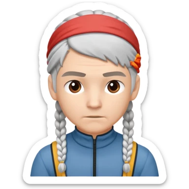 young climber man with white/grey braided hair and headband sticker