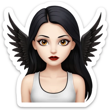 White woman with a white tank top long black hair glossy middle part straight long hair vampire look  brown eyes eyeliner winged with lashes top and bottom white border big lips black eyebrows sticker