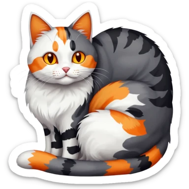 full body large dark grey and white cat cuddling a colourful light patched calico + white tabby cat  sticker