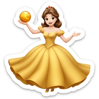 Cinematic Playful Belle Portrait Emoji, Spinning joyfully in her ball gown, arms outstretched, a radiant smile lighting up her face, exuding an enchanting blend of fun and elegance! sticker