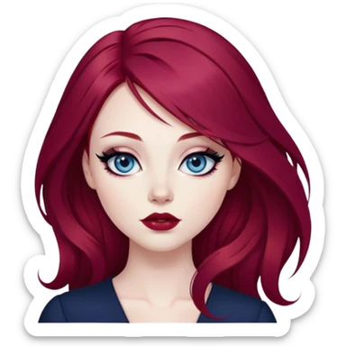 pretty baddie, wine red hair, cute lips, pale skin, long hair, dark blue eyes, bold black eyeliner sticker