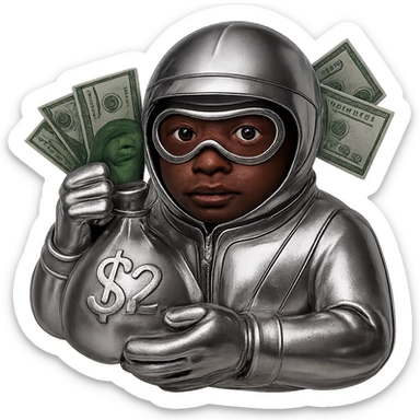 Make the face brown and the money green, keep everything else chrome in 3D metallic style, no background. sticker