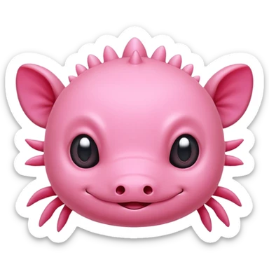 Cartoon pink axolotl face emoji, front view, flat wide head, external gills on both sides, big round eyes, small mouth, no snout, vector style, flat colors, transparent background. sticker