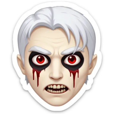 Creat a young man Vampire with white skin and white hair and full black vampire clothes and bloody eyes and long fangs and scary dead eyes sticker