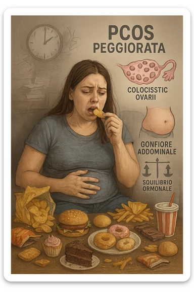 Donna tra i 25 e i 35 anni seduta sul divano o a un tavolo disordinato, circondata da cibi sparsi e poco sani: patatine, dolci, pane bianco, snack confezionati, bibite. Mangiando di fretta, ha un’espressione stanca e frustrata. Intorno a lei, in trasparenza o come illustrazione simbolica, si vedono gli effetti della PCOS peggiorata: ovaie con cisti multiple, squilibrio ormonale (↑ insulina, ↑ androgeni), gonfiore addominale. Sullo sfondo, orologio che corre o caos visivo che comunica disorganizzazione alimentare. Colori spenti e atmosfera stanca. Stile realistico con elementi simbolici e informativi. in italiano sticker