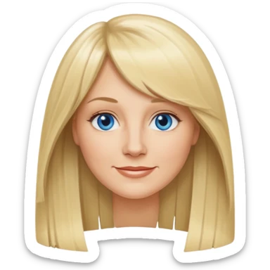 40 yr old white woman, curtain bangs, long straight blond hair, oval face, small smile, blue eyes sticker
