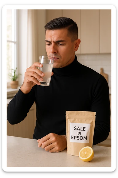 A realistic, bright photo-style image of a young man in his 30s standing in his kitchen, holding a clear glass filled with water in which Epsom salt (magnesium sulfate) has been dissolved. He looks focused but slightly uncertain as he prepares to drink it for a liver flush or digestive cleanse. The glass shows slight cloudiness from the dissolved salt. On the counter are a packet labeled 'Sale di Epsom' and a sliced lemon, suggesting he might use it to mask the taste. The setting is clean, natural, and bright with neutral tones. The background shows sunlight streaming through a window, emphasizing a clean, minimalist health-focused environment. The mood conveys a realistic, calm moment of self-care with a hint of discomfort, illustrating a natural detox practice in italiano sticker