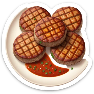 Cinematic Realistic image of Turkish Köfte, presented as perfectly formed, spiced meat patties with detailed textures and subtle grill marks, arranged artfully on a simple plate and illuminated by warm, appetizing lighting that accentuates their savory appeal. sticker