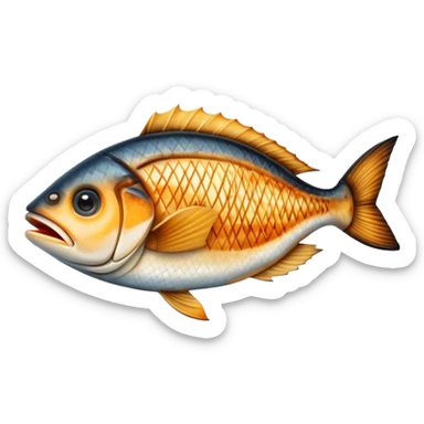 Cinematic Realistic Gradele (Grilled Fish) Dish Emoji, depicted as perfectly grilled fish with a smoky, charred finish rendered with lifelike detail and appetizing, natural lighting. sticker