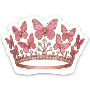 butterfly crown with a pink base, butterflies in various pink enamel shades, sparkling gems, transparent background sticker