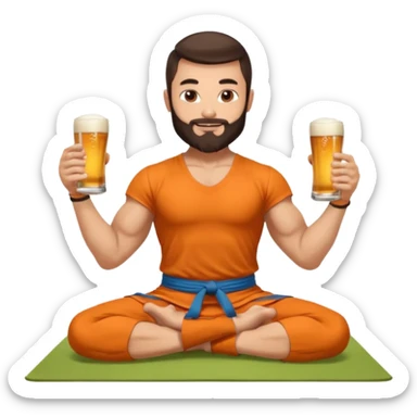 slavic muscled guy with dark brown hair and beard, sitting in yoga pose on a mat, kung fu clothes, long and volume dark hair, holding beer mugs in two hands, sitting sticker