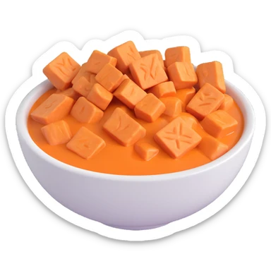 microsoft style 3d emoji of a bowl of yam porridge, chunky orange yam pieces in a white bowl with rich saucy texture, simple and vibrant sticker