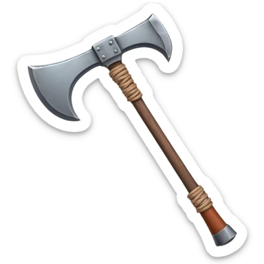 barbarian axe object icon, huge double-bladed axe, rough metal, wooden handle, leather wraps, fantasy style, 3D cartoon, mobile game icon style, centered, clean background, soft shadow, no text, no watermark
 sticker