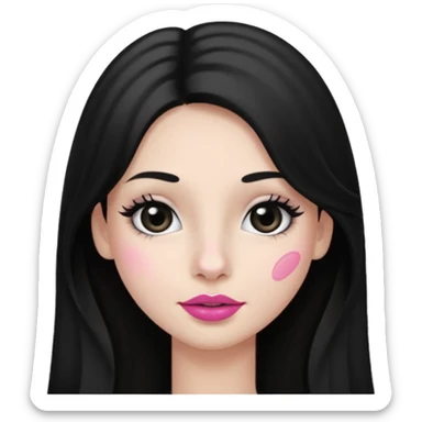 A girl's face with a thin face, dimples, with mascara and pink lipstick,small nose, hair in front of him,white skin, black and long hair  sticker