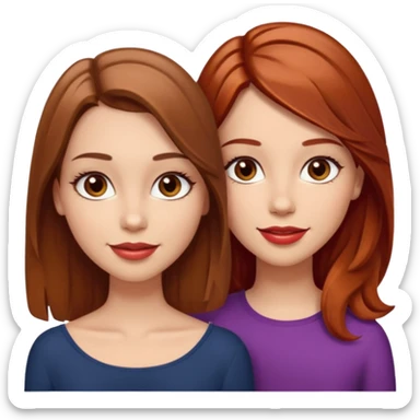I want you to create me an emoji of two girls: one with light skin, shoulder length hair (straight and brown), brown eyes with very long eyelashes and full lips; the other girl must also have light skin, shoulder length hair (wavy and red), brown eyes and a nice smile with glossy lips sticker