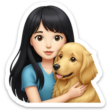 A girl with long black hair and bangs holding a golden retriever sticker