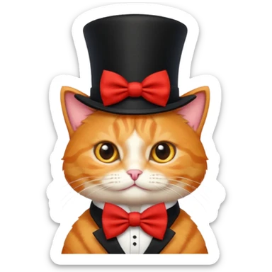 Cute emoji-style orange tabby cat wearing a black top hat with a red band and a red bow tie, big round eyes, fluffy fur, clean mascot style, centered, transparent background, 1:1 ratio. sticker