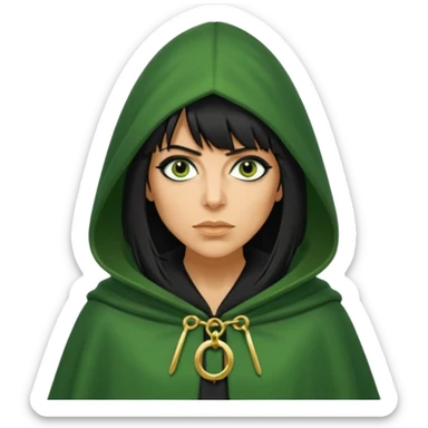 claudia winkleman with a heavy fringe and a fake tan as a traitor with a green hooded cloak with a gold clasp and dark black eyeliner sticker