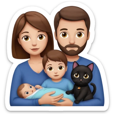 1 mom brown hair, 1 dad NO beard, 1 baby and 1 black cat sticker