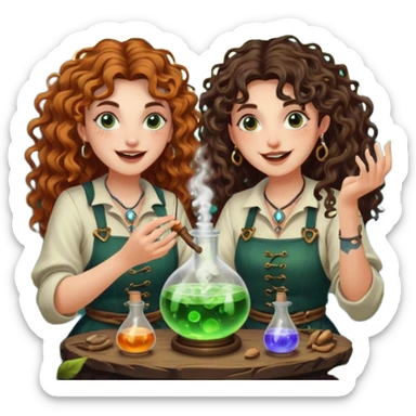forest alchemist duo two women curly long hair tattooed and short brown mullet mixing glowing moon potion together excited faces sticker
