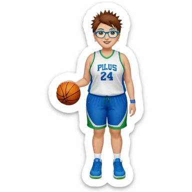 Full Body plus size white female basketball player with short medium brown hair with carmel highlights spikey hair wearing blue glasses 
 wide nose wearing blue green uniform  green sneakers smiling wearing silver hoop earrings sticker