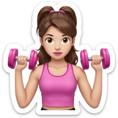 girl with wavy long ponytail brown hair, brown eyes, light to medium complexion, long lashes, light pink lipstick, wearing light pink shirt, lifting pink dumbbells in a sports top sticker