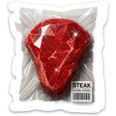 steak with diamond facets and sparkling highlights, glossy and puffy vacuum-sealed style sticker