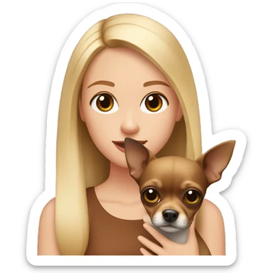 A girl with straight blonde hair, natural lip color and brown eyes holds a dark brown chihuahua in her hands sticker