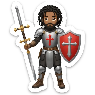 African American man with shoulder length black dreadlocks with black beard wearing knight body armor holding a double edge sword and a shield with a cross on it wearing black low top Air Force 1 sneakers sticker