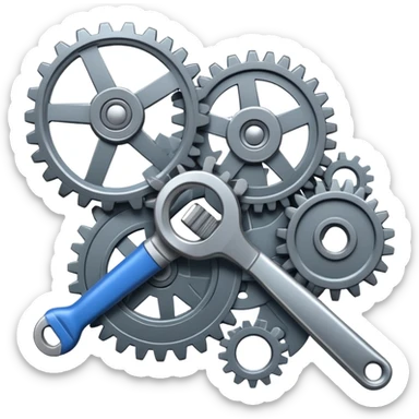 An icon featuring mechanical gears, a wrench, and a blueprint, symbolizing mechanical engineering. The design includes pistons, turbines, and precision tools, representing the design, production, and maintenance of machines and systems. Transparent background sticker