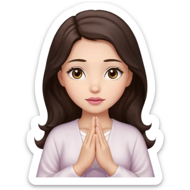 girl with wavy long glamorous dark brown hair, brown eyes, light to medium complexion, long lashes, almond shaped eyes, light pink lipstick, square shaped face. praying sticker