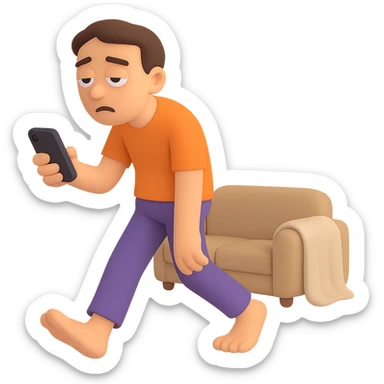 Add a phone in the hand of the emoji of a person dragging their feet, eyes half-closed, shoulders slumped, radiating laziness and lack of motivation, possibly with a small couch or blanket in the background. Preserve the transparent background. sticker