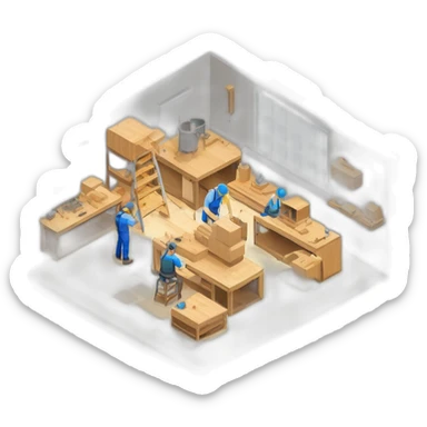 isometric square solid outline border box containing indoor creative workshop factory woodworking metalworking people actively working cnc machine tools simple clean industrial makerspace sticker