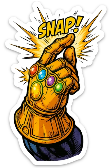 Thanos' gauntlet doing a finger snap, comic style, bright colors, emphasized gems, no background sticker