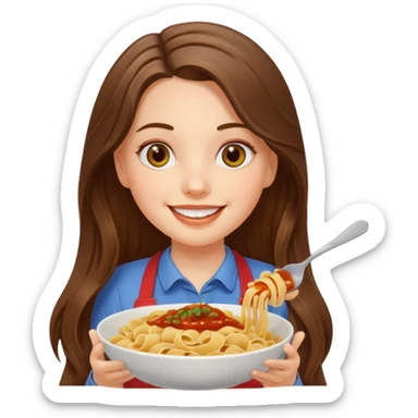 smiling white long brunette hair girl with hazel eyes with pasta sticker