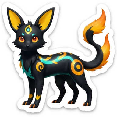 Shiny Fiery Dark Glowing Ethereal Eldritch Cool Edgy Badass Punky Aural Iridescent Fluorescent Bioluminescent Umbreon-Amaura-Salandit-Litten-Flareon-Fakémon-fusion (full body) with pattern markings sticker