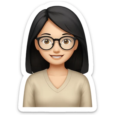medium tan asian woman with long black hair past middle of back, round brown eyes, white v neck blouse. she has black  square frame glasses on and smiling with no teeth sticker